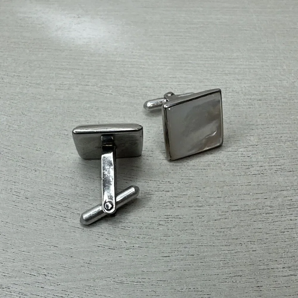 White Mother of Pearl Squares Silver Tone Vintage Cuff Links
